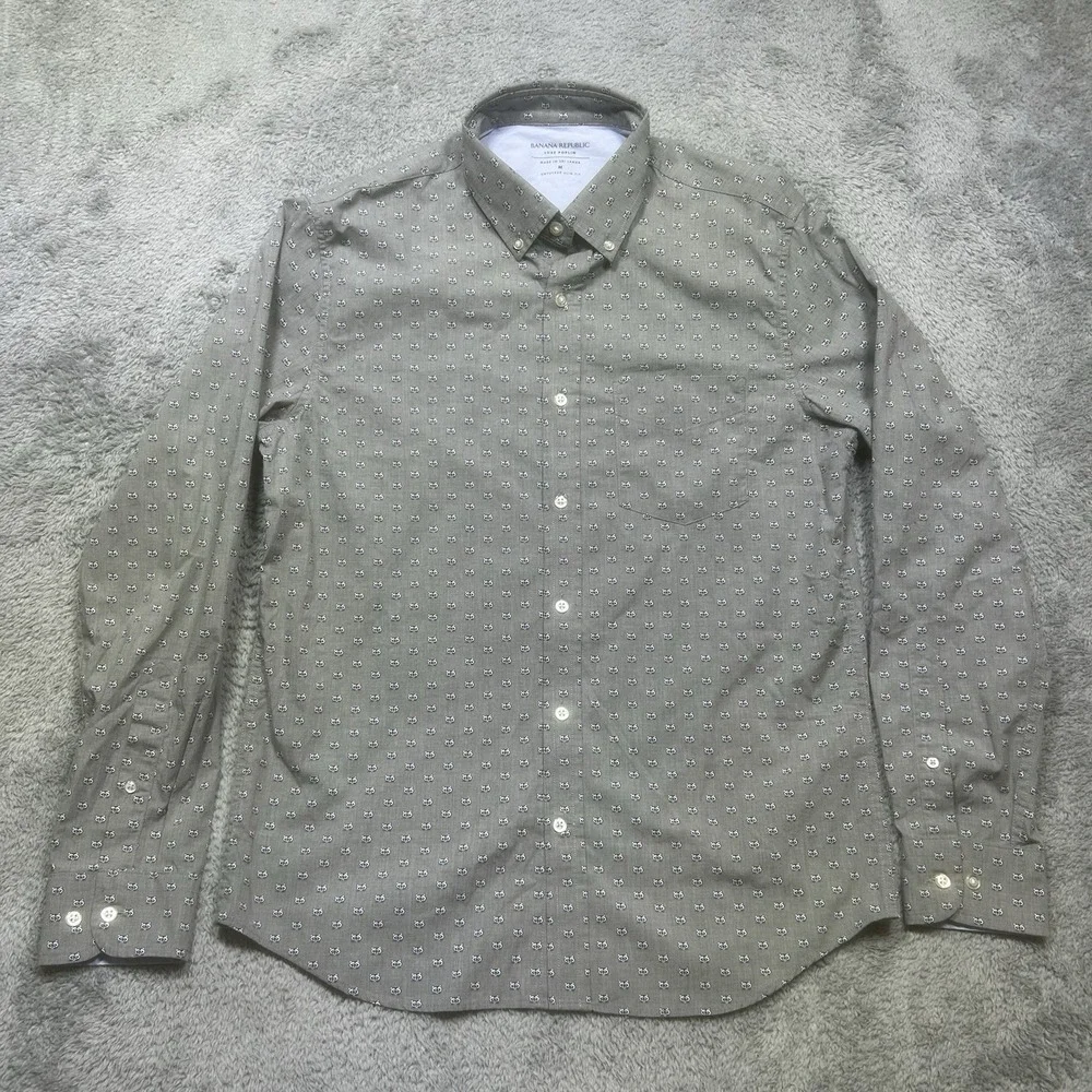 Banana Republic Shirt Mens M Gray Luxe Poplin Untucked Slim Fit Racoon Print EUC